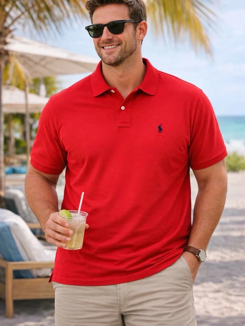 Polo Ralph Lauren Classic Red Polo Navy Pony Sz Large 100% Cotton Casual Preppy